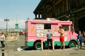 Two Man Eating at Ice Cream Truck 